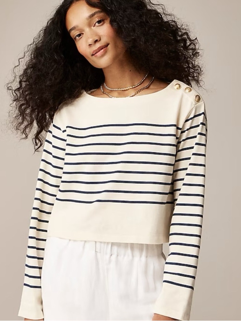 J. Crew Preppy Navy Striped Gold Button-Shoulder Long-Sleeve Mariner Top sz L